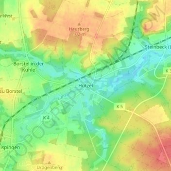 Topografische kaart Hützel, hoogte, reliëf