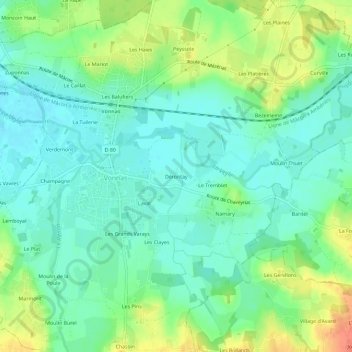 Topografische kaart Dérontay, hoogte, reliëf