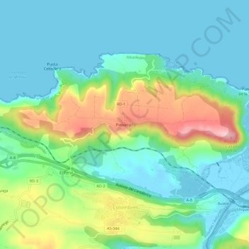 Topografische kaart Pimiango, hoogte, reliëf