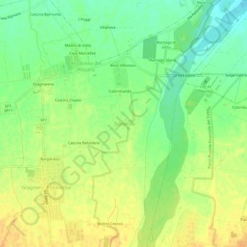 Topografische kaart Sordello, hoogte, reliëf
