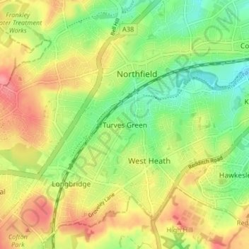 Topografische kaart Turves Green, hoogte, reliëf