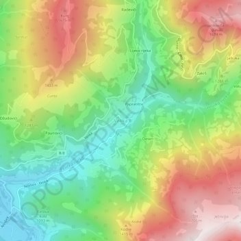 Topografische kaart Velika, hoogte, reliëf