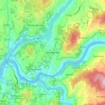 Topografische kaart Alpendurada, hoogte, reliëf