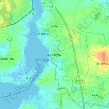 Topografische kaart Kopperby, hoogte, reliëf