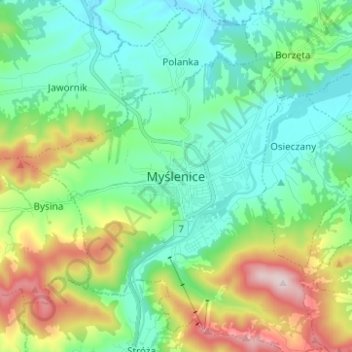 Topografische kaart Myślenice, hoogte, reliëf