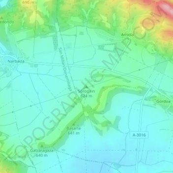 Topografische kaart Sorogain, hoogte, reliëf