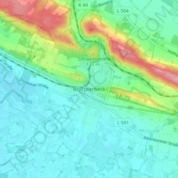 Topografische kaart Brochterbeck, hoogte, reliëf