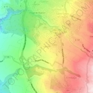 Topografische kaart Villèle, hoogte, reliëf