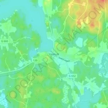Topografische kaart Urshult, hoogte, reliëf
