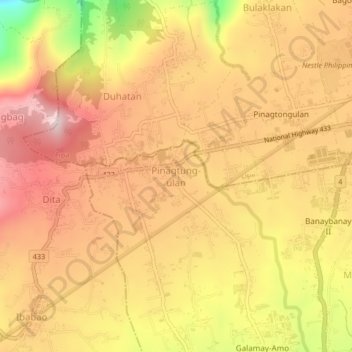 Topografische kaart Pinagtung-ulan, hoogte, reliëf