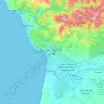 Topografische kaart Agadir ⴰⴳⴰⴷⵉⵔ أگادیر, hoogte, reliëf