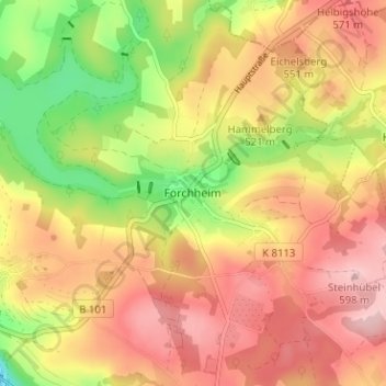 Topografische kaart Forchheim, hoogte, reliëf