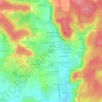 Topografische kaart Les Quatres Routes, hoogte, reliëf