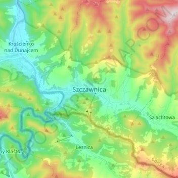 Topografische kaart Szczawnica, hoogte, reliëf