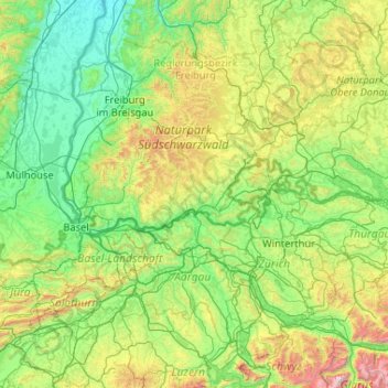 Topografische kaart Waldshut, hoogte, reliëf