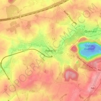 Topografische kaart Rebecq, hoogte, reliëf