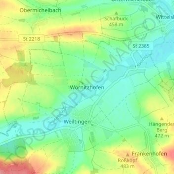 Topografische kaart Wörnitzhofen, hoogte, reliëf