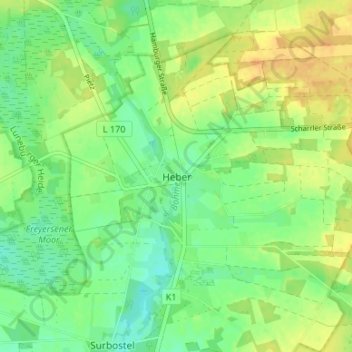 Topografische kaart Heber, hoogte, reliëf