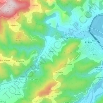 Topografische kaart Cañedo, hoogte, reliëf
