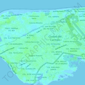 Topografische kaart FRACC. JUSTO SIERRA, hoogte, reliëf