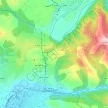Topografische kaart Les Grèzes, hoogte, reliëf