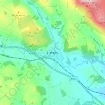 Topografische kaart Staveley, hoogte, reliëf