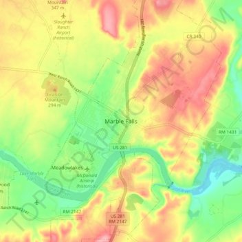 Topografische kaart Marble Falls, hoogte, reliëf