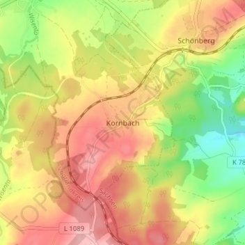 Topografische kaart Kornbach, hoogte, reliëf