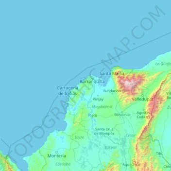 Topografische kaart Atlántico, hoogte, reliëf
