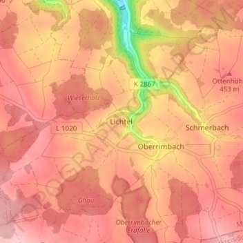 Topografische kaart Lichtel, hoogte, reliëf