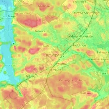 Topografische kaart Flemingsberg, hoogte, reliëf