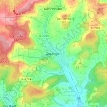 Topografische kaart Götzingen, hoogte, reliëf