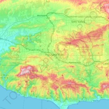 Topografische kaart Thousand Oaks, hoogte, reliëf