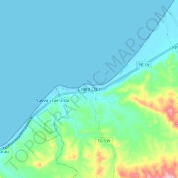 Topografische kaart Caleta Cruz, hoogte, reliëf