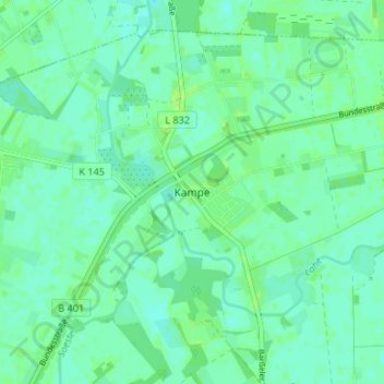 Topografische kaart Kampe, hoogte, reliëf