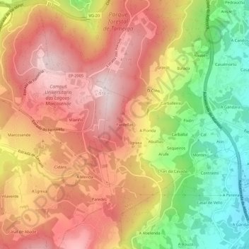Topografische kaart Pardellas, hoogte, reliëf