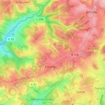 Topografische kaart Oberscheid, hoogte, reliëf