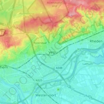 Topografische kaart Velp, hoogte, reliëf