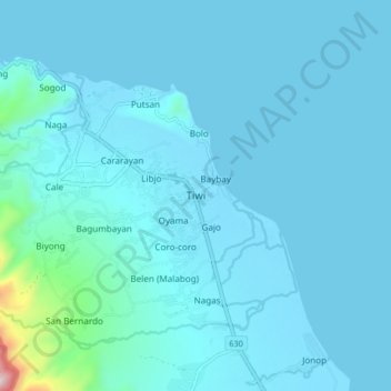 Topografische kaart Tiwi, hoogte, reliëf