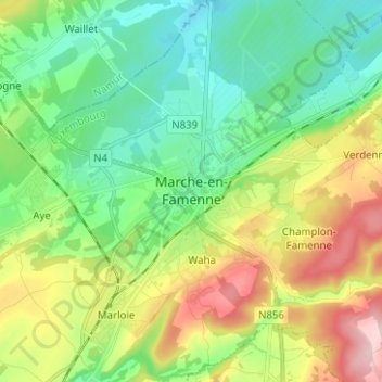 Topografische kaart Marche-en-Famenne, hoogte, reliëf