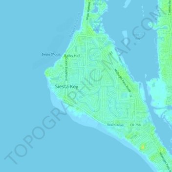 Topografische kaart Sarasota Beach, hoogte, reliëf