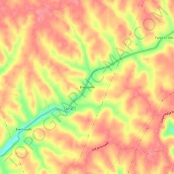 Topografische kaart Bradysville, hoogte, reliëf