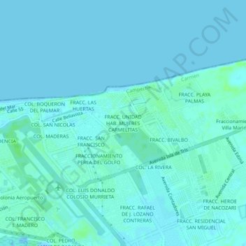 Topografische kaart FRACC. UNIDAD HAB. MUJERES CARMELITAS, hoogte, reliëf