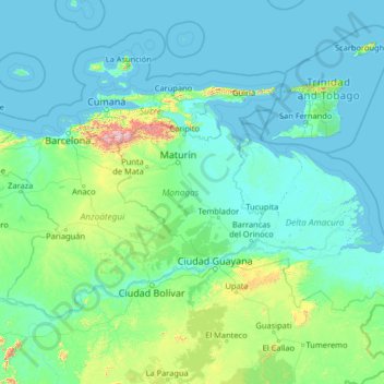 Topografische kaart Monagas, hoogte, reliëf