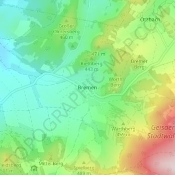 Topografische kaart Bremen, hoogte, reliëf