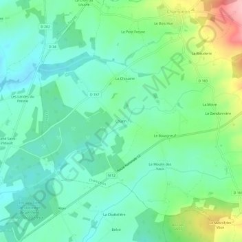 Topografische kaart Churin, hoogte, reliëf