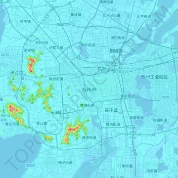 Topografische kaart Suzhou, hoogte, reliëf