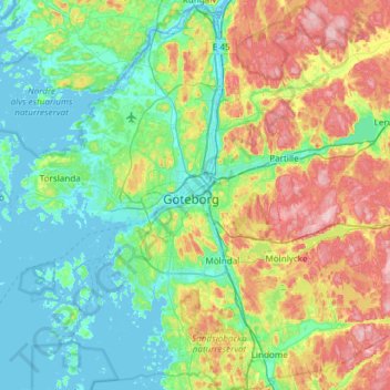 Topografische kaart Göteborgs Stad, hoogte, reliëf