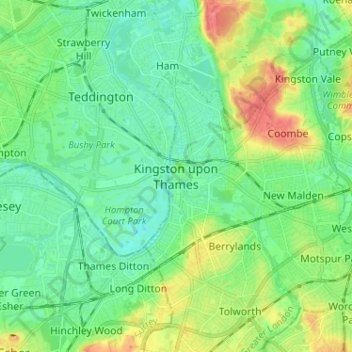 Topografische kaart Kingston upon Thames, hoogte, reliëf