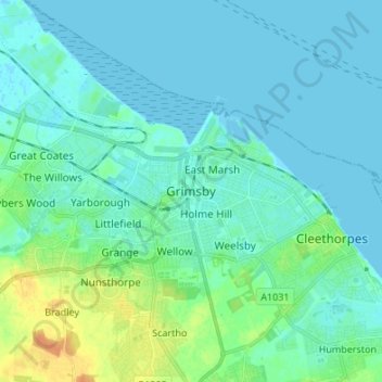 Topografische kaart Grimsby, hoogte, reliëf
